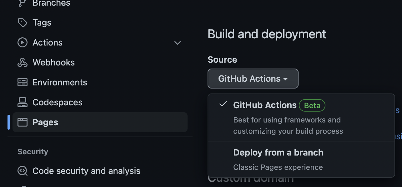pages build and deployment configuration using github-actions